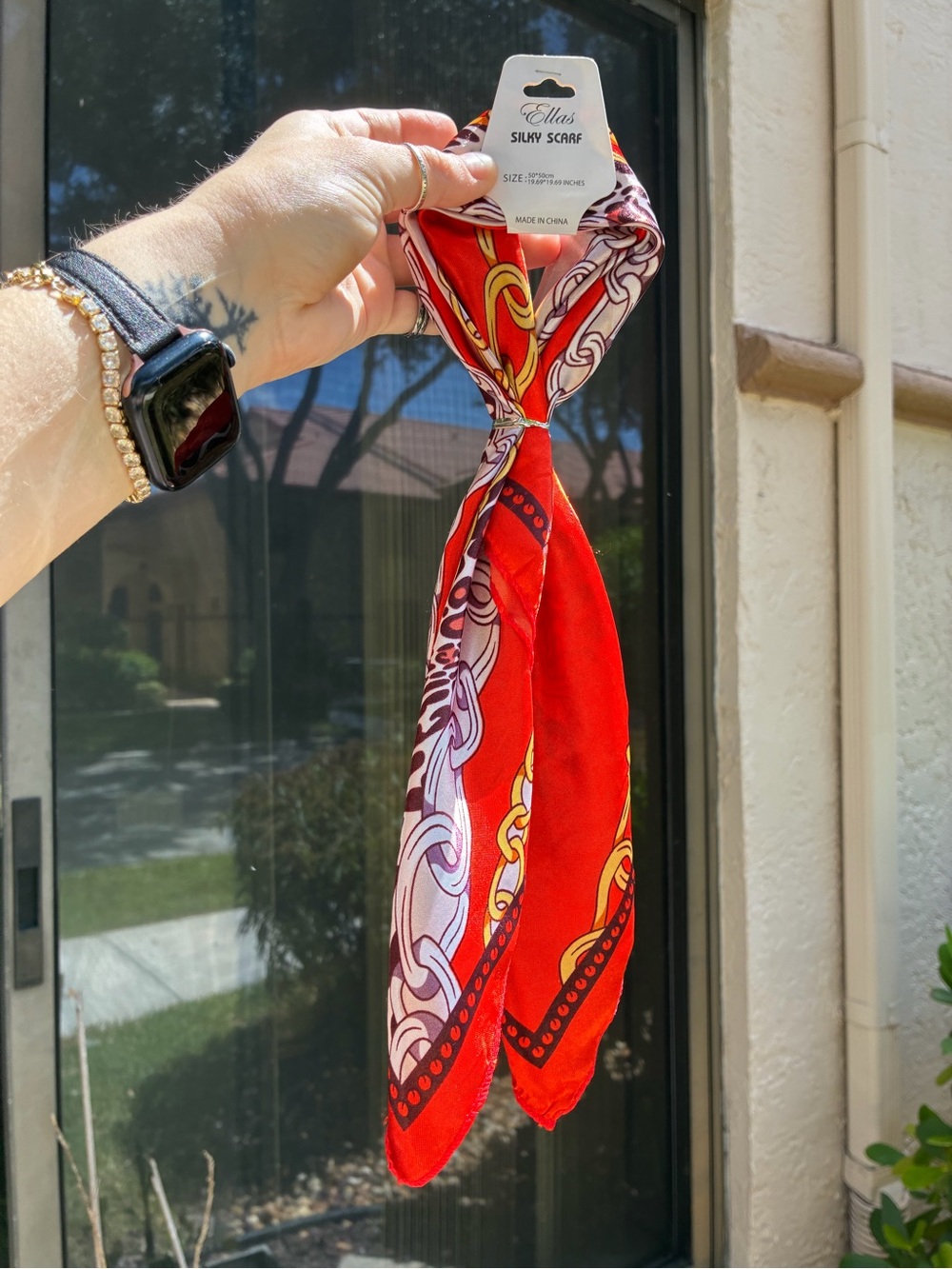 Ella’s Silky Scarf Red Chain & Animal Print Square Neck Scarf NWT